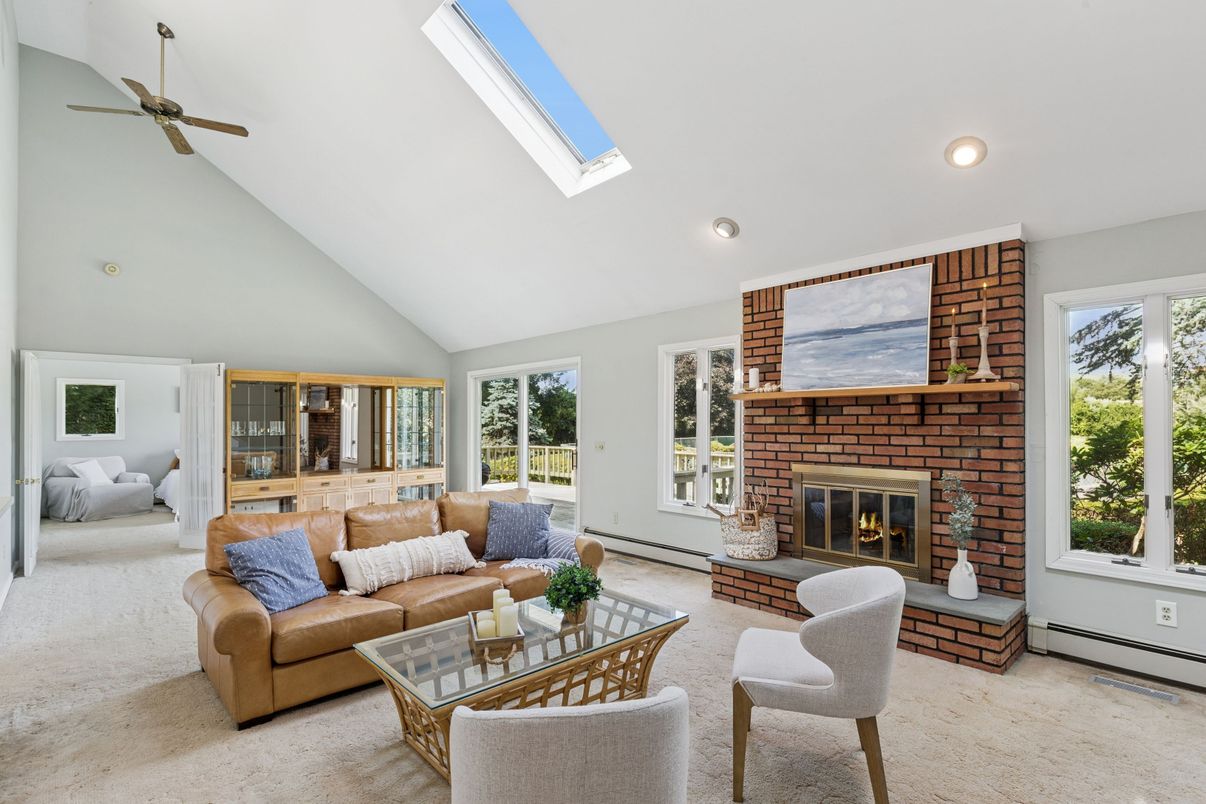 Fireplace, Interior, Living room, Recessed Lighting, Stone Walls
