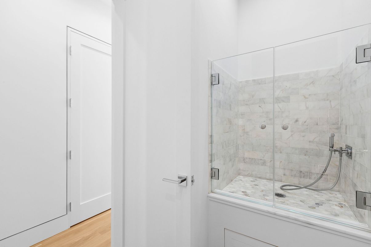 Bathroom, Glass Shower, Interior, Wood Texture Flooring