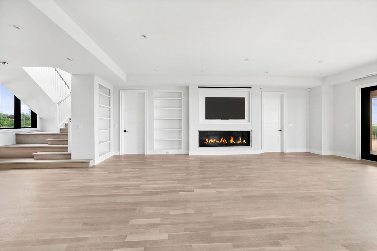 Empty room, Fireplace, Interior, Recessed Lighting, Wood Texture Flooring