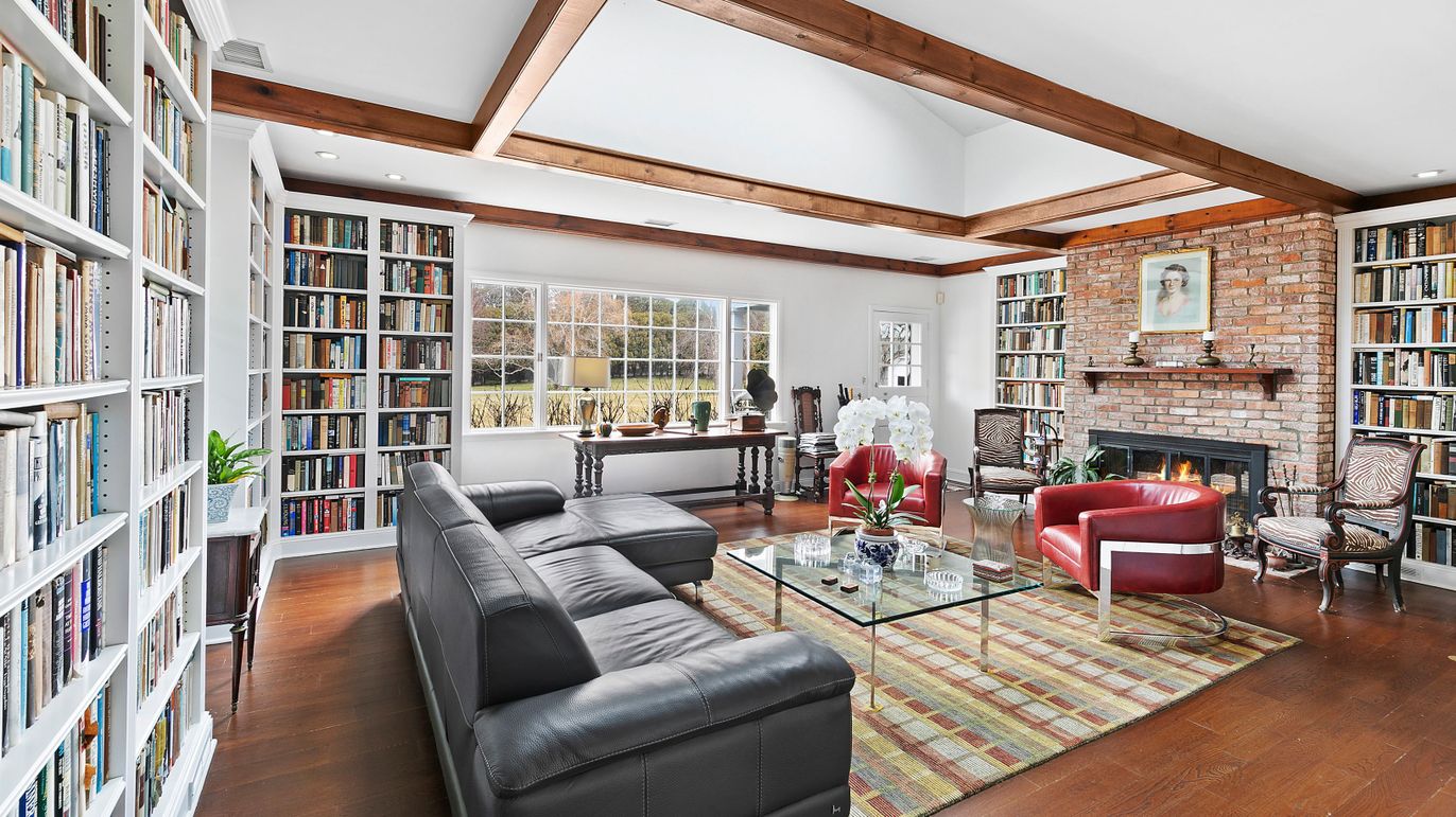 Fireplace, Interior, Living room, Recessed Lighting, Stone Walls, Wooden Beams, Wood Texture Flooring