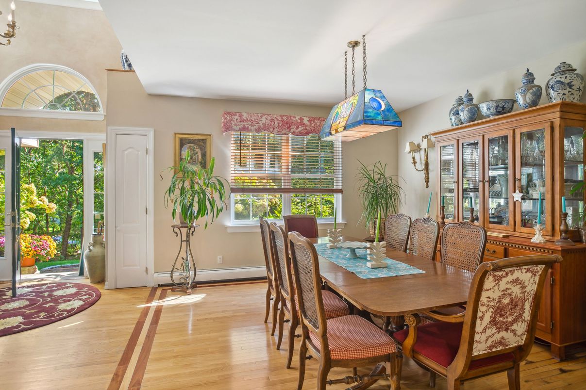 Dining room, Interior, Pendant Lights, Wood Texture Flooring