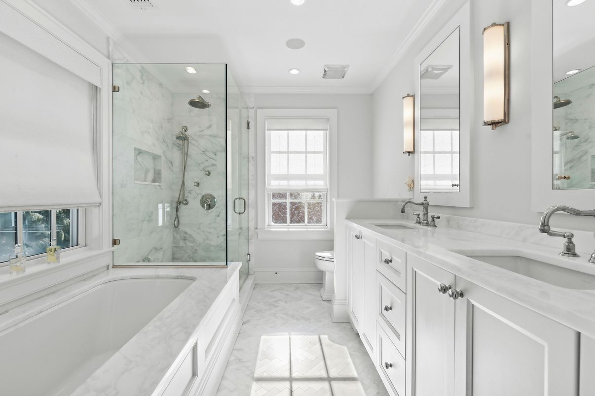 Bathroom, Dual Sink Vanities, Glass Shower, Interior, Marble, Marble Walls, Recessed Lighting