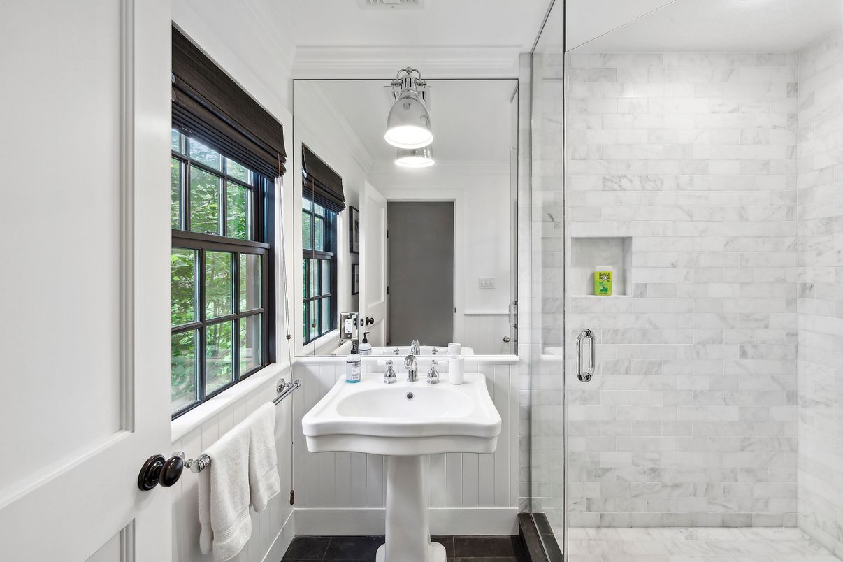 Bathroom, Glass Shower, Interior, Marble Walls