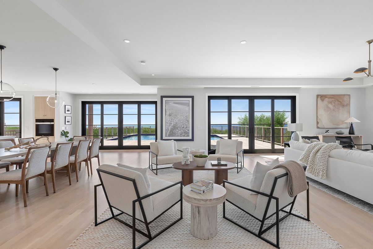 Dining room, Interior, Living room, Pendant Lights, Recessed Lighting, Water, Wood Texture Flooring