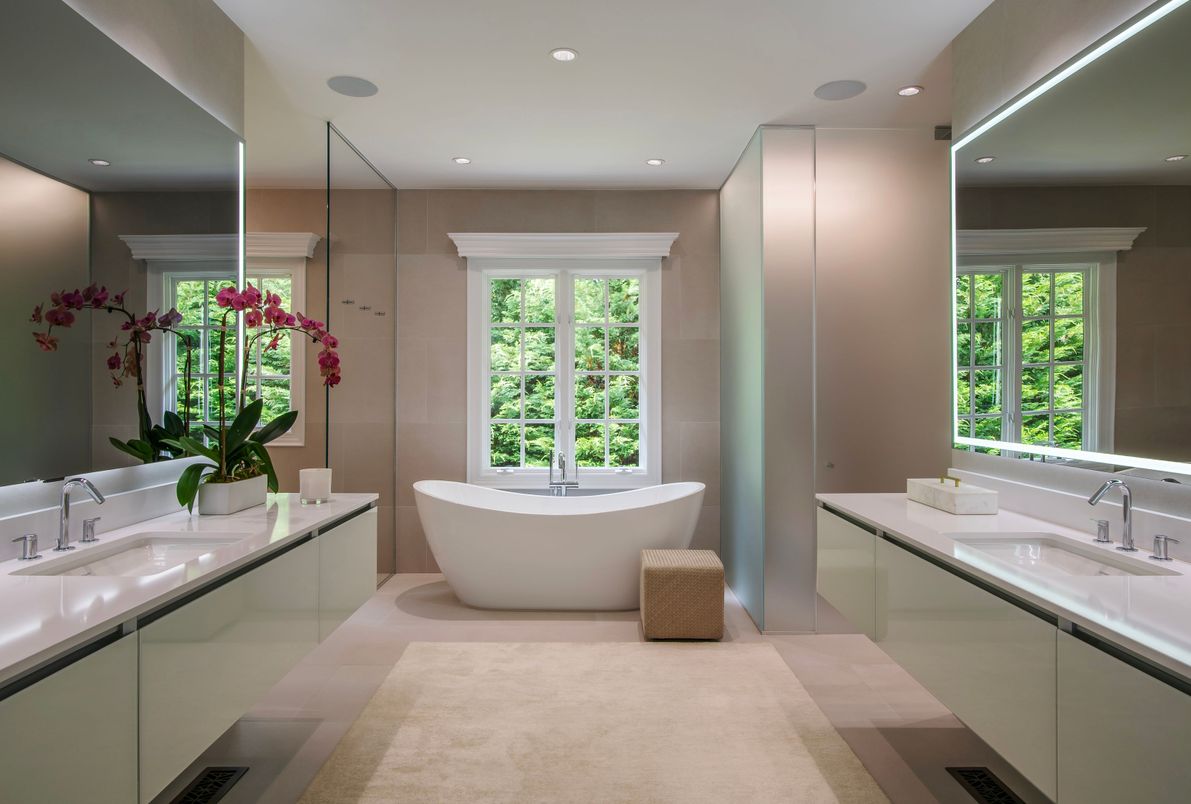 Bathroom, Dual Sink Vanities, Free Standing Baths, Glass Shower, Interior, Recessed Lighting
