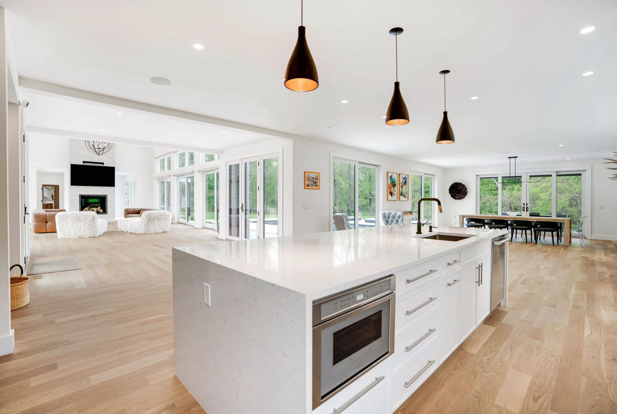 Dining room, Fireplace, Interior, Kitchen, Living room, Pendant Lights, Recessed Lighting, Wood Texture Flooring