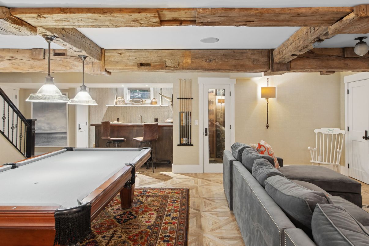 Billiard Table, Game Room, Interior, Pendant Lights, Wooden Beams