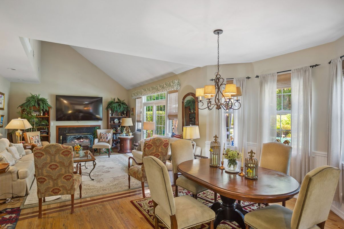 Chandelier, Dining room, Fireplace, Interior, Living room, Wood Texture Flooring