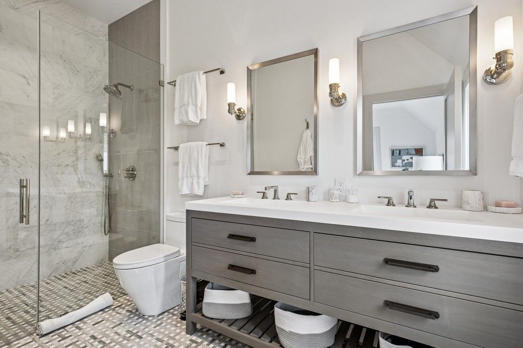 Bathroom, Dual Sink Vanities, Glass Shower, Interior, Marble Walls