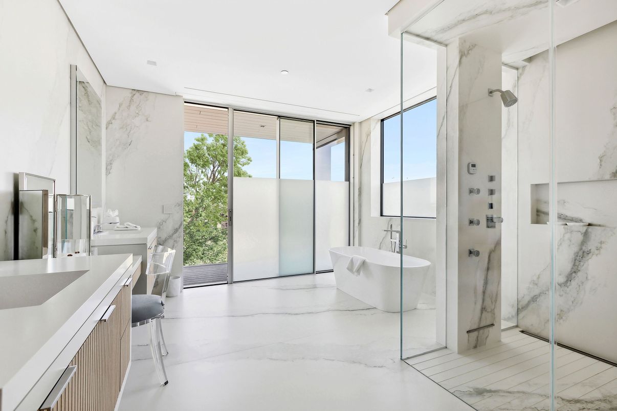 Bathroom, Free Standing Baths, Glass Shower, Interior, Marble, Marble Walls, Recessed Lighting