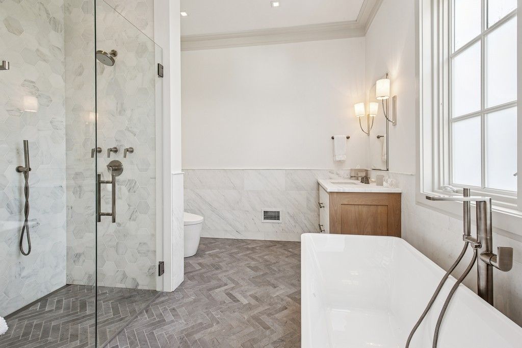 Bathroom, Free Standing Baths, Glass Shower, Interior, Marble Walls, Recessed Lighting