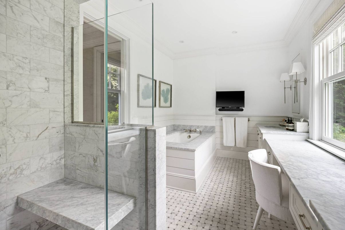 Bathroom, Glass Shower, Interior, Marble Walls, Recessed Lighting