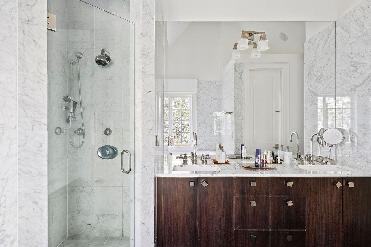 Bathroom, Dual Sink Vanities, Glass Shower, Interior, Marble Walls