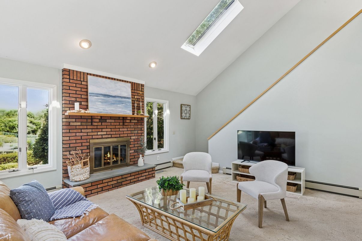Fireplace, Interior, Living room, Recessed Lighting, Stone Walls