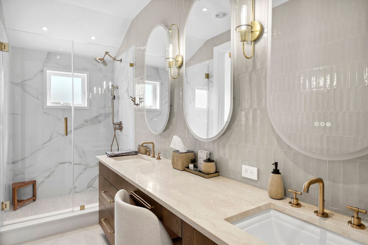 Bathroom, Dual Sink Vanities, Glass Shower, Interior, Marble Walls, Recessed Lighting