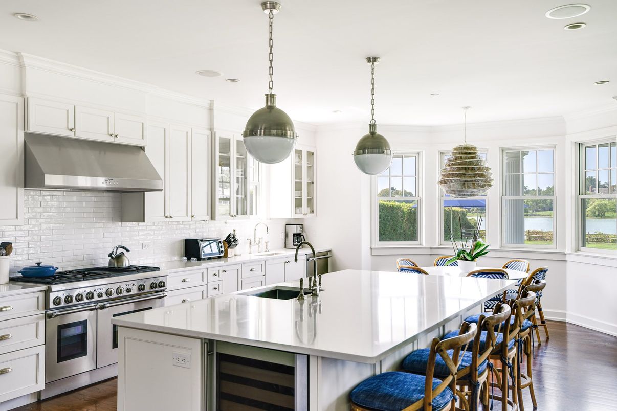 Interior, Kitchen, Pendant Lights, Recessed Lighting, Stainless Steel Appliances, Water, Wood Texture Flooring