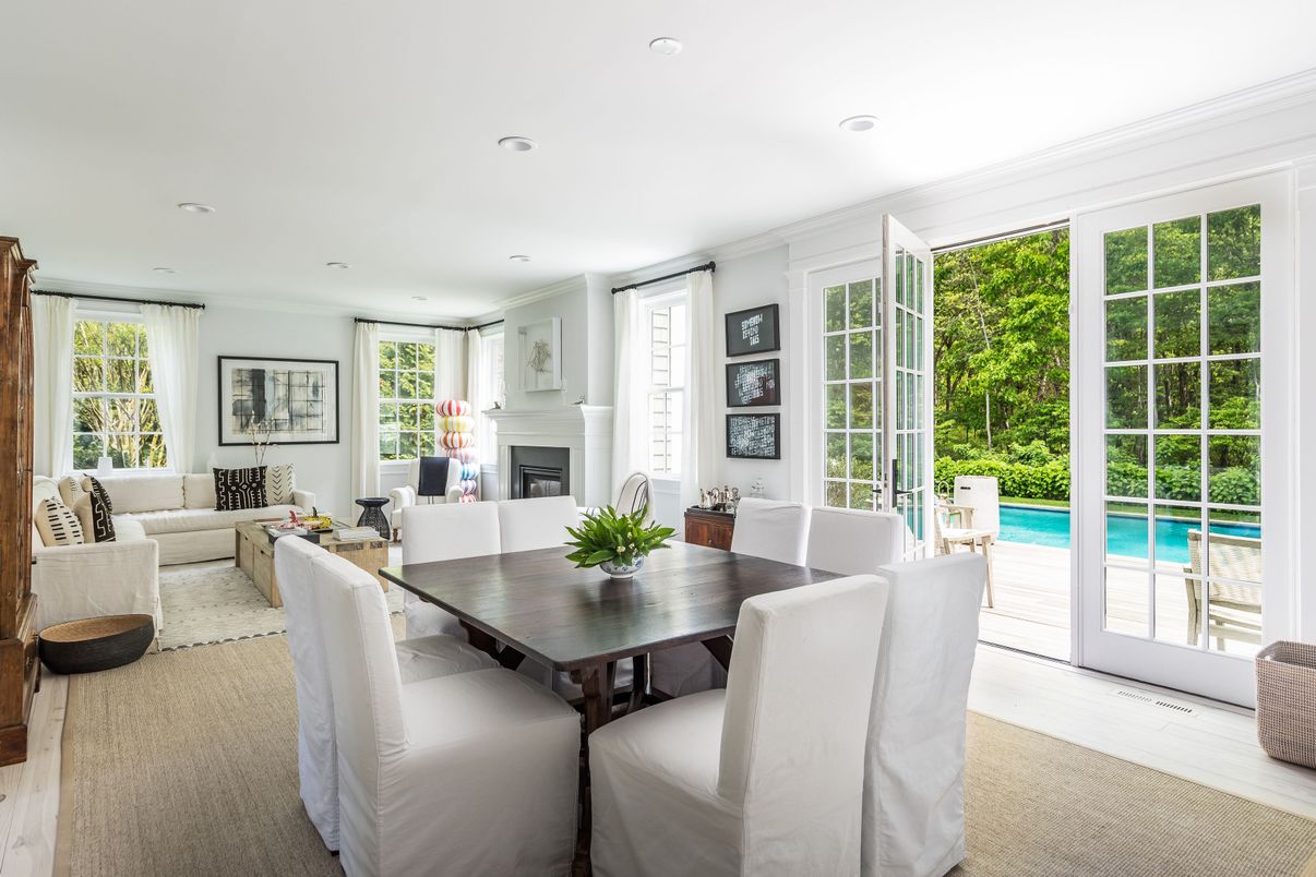 Dining room, Fireplace, Interior, Living room, Recessed Lighting