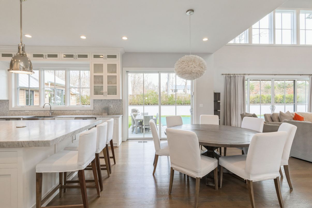 Dining room, Interior, Kitchen, Pendant Lights, Recessed Lighting, Wood Texture Flooring
