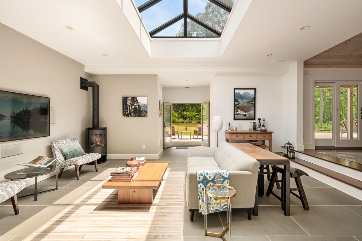 Fireplace, Glass Ceilings, Interior, Living room, Recessed Lighting
