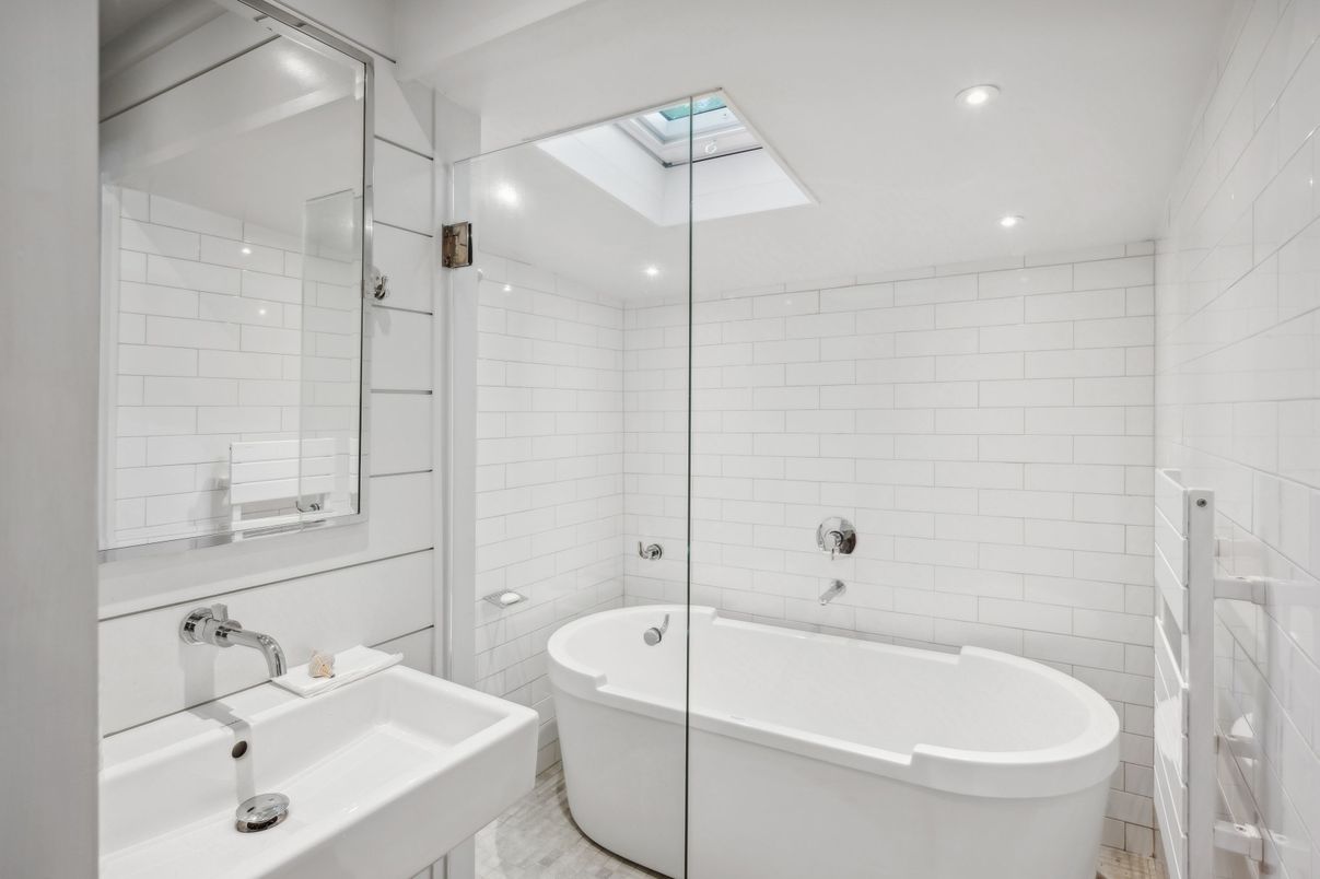 Bathroom, Free Standing Baths, Glass Shower, Interior, Recessed Lighting