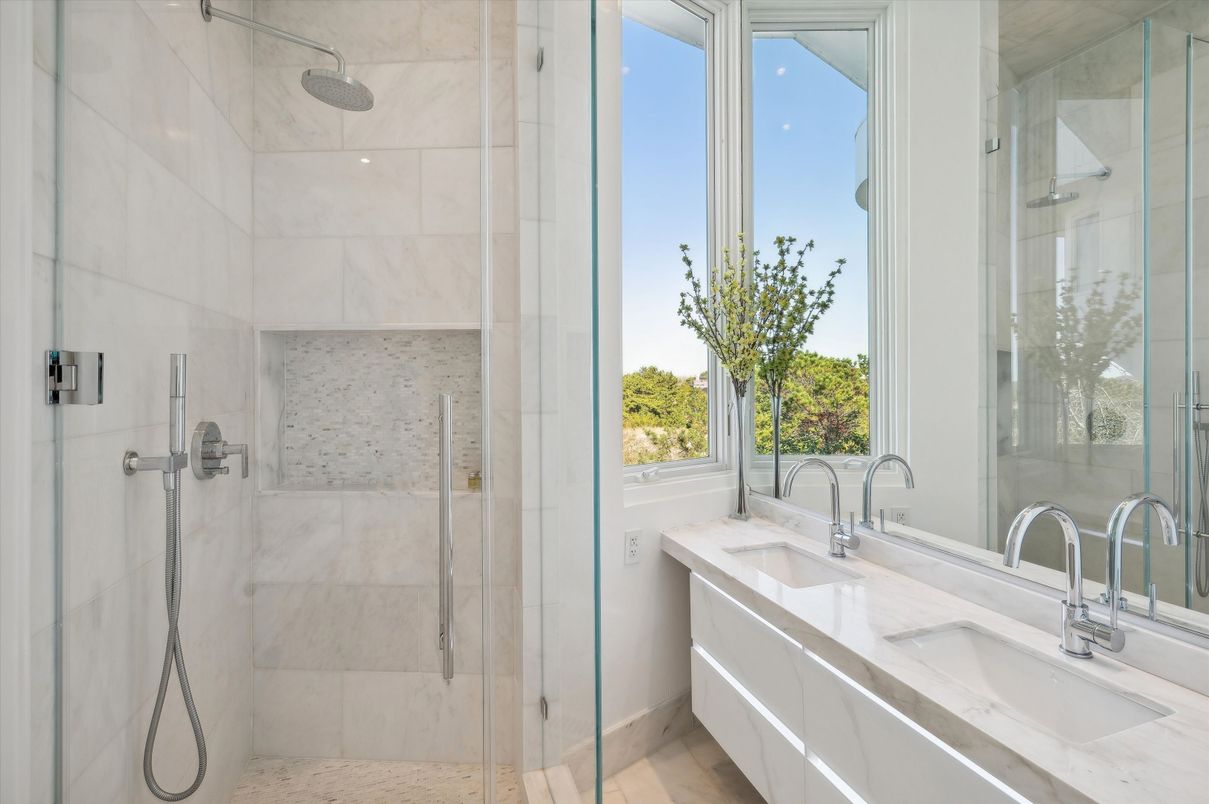 Bathroom, Dual Sink Vanities, Glass Shower, Interior, Marble Walls