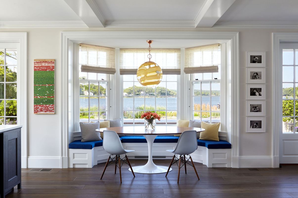 Dining room, Interior, Pendant Lights, Water, Wood Texture Flooring