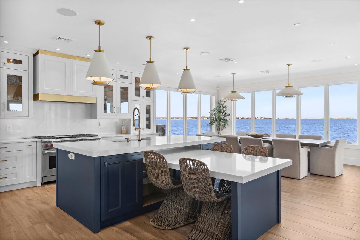 Interior, Kitchen, Pendant Lights, Recessed Lighting, Stainless Steel Appliances, Water, Wood Texture Flooring