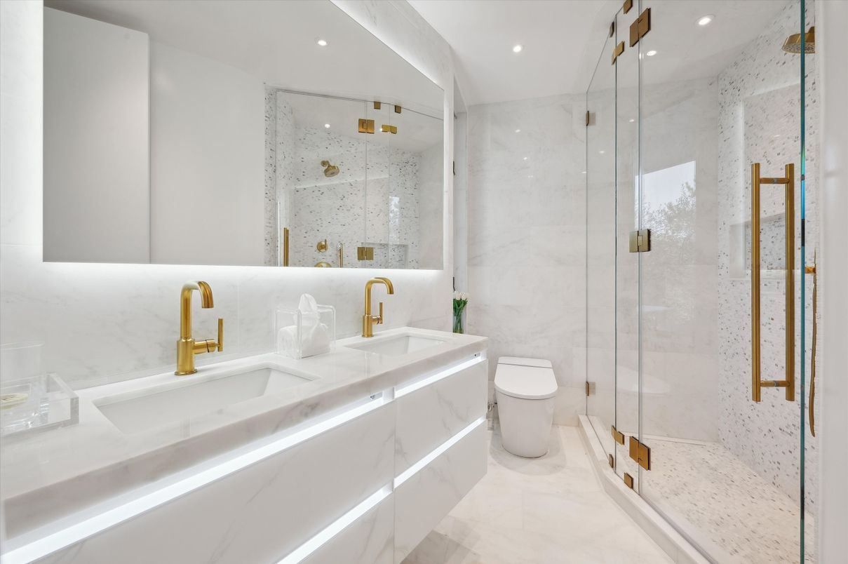 Bathroom, Dual Sink Vanities, Glass Shower, Interior, Marble, Marble Walls, Recessed Lighting