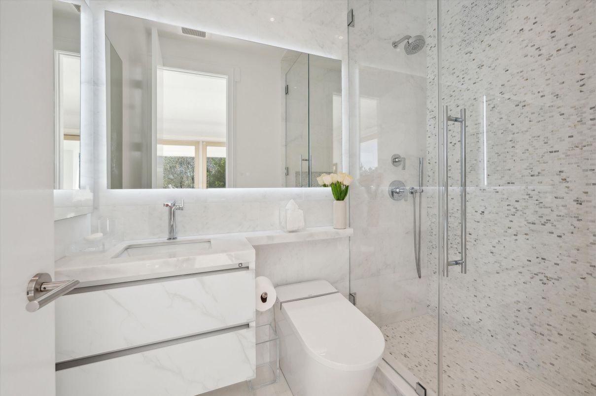 Bathroom, Glass Shower, Interior, Marble Walls, Recessed Lighting