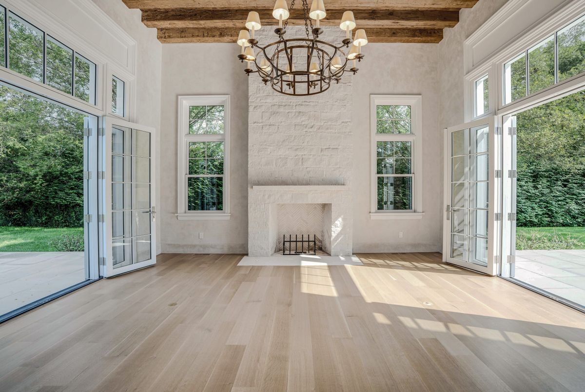 Chandelier, Empty room, Fireplace, Interior, Wooden Beams, Wooden Ceilings, Wood Texture Flooring