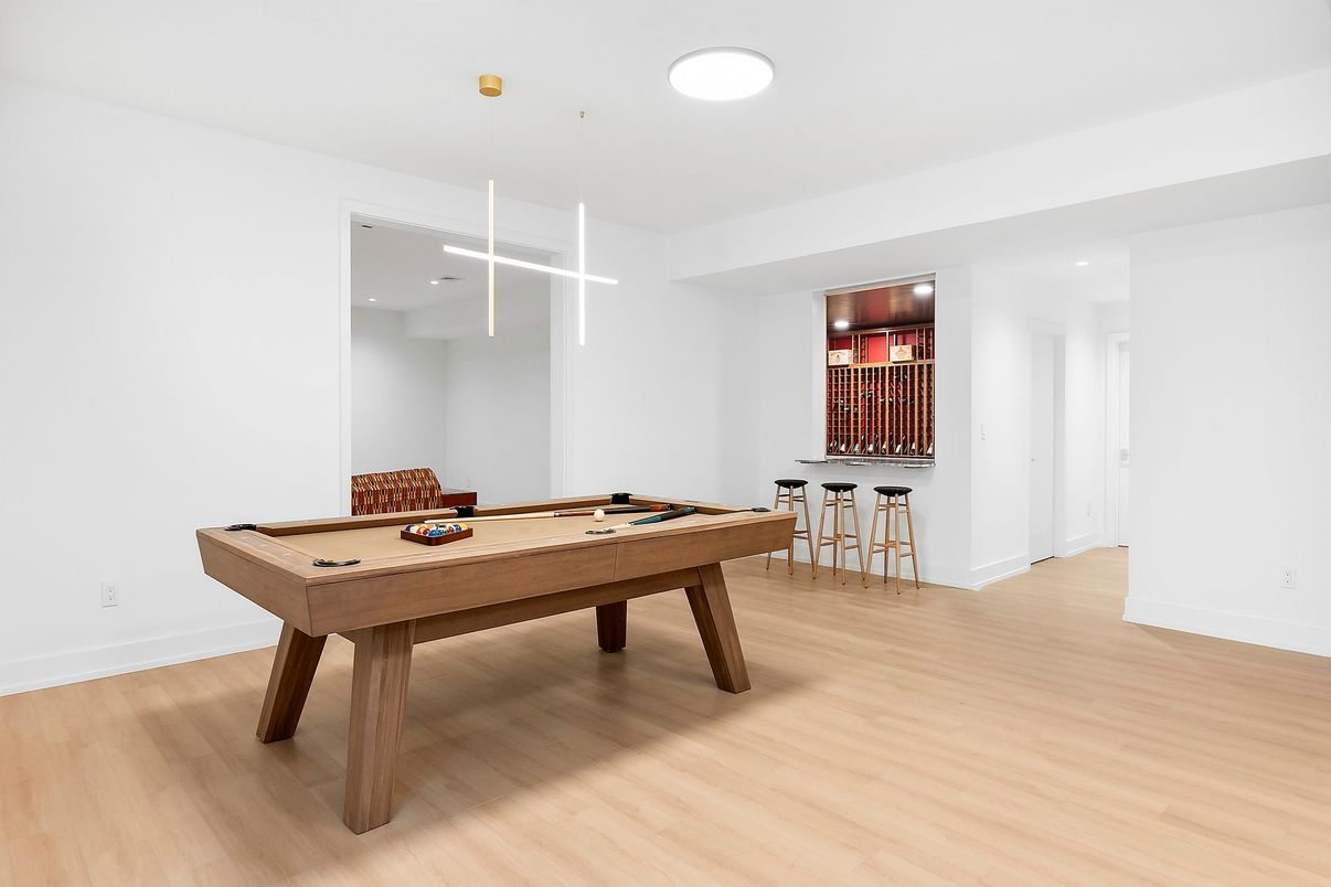 Billiard Table, Game Room, Interior, Recessed Lighting, Wood Texture Flooring