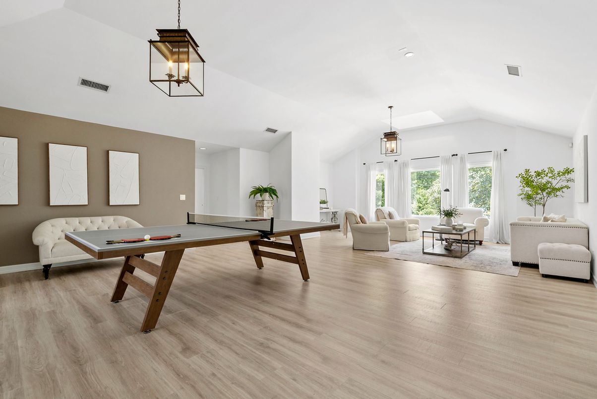 Game Room, Interior, Living room, Pendant Lights, Recessed Lighting, Wood Texture Flooring