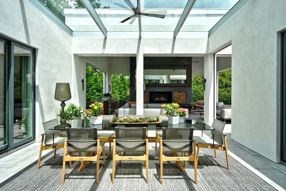 Dining room, Fireplace, Glass Ceilings, Interior, Sun Room