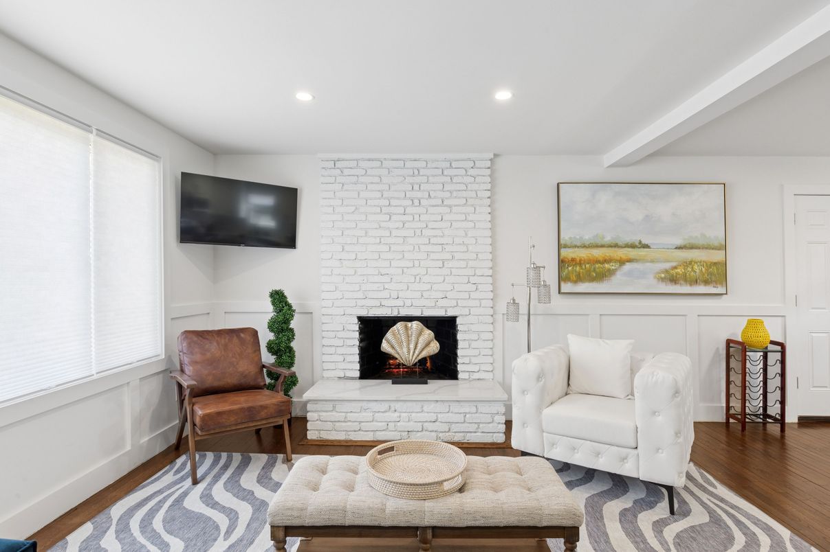 Fireplace, Interior, Recessed Lighting, Stone Walls, Wood Texture Flooring