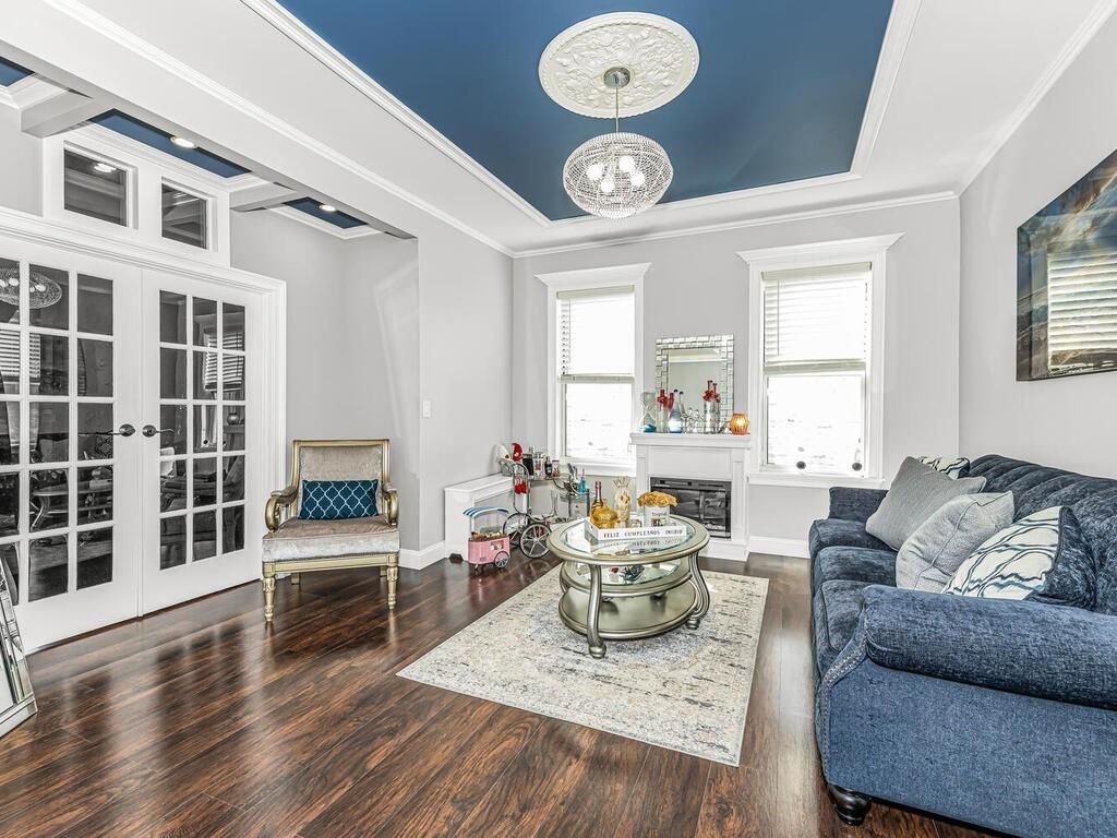 Fireplace, Interior, Living room, Pendant Lights, Wood Texture Flooring