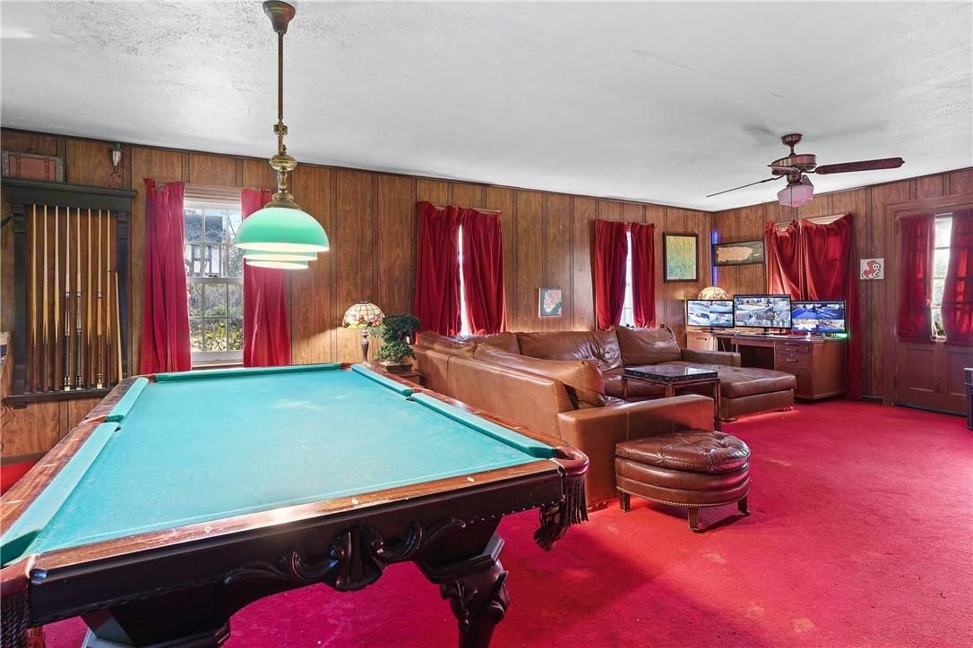 Billiard Table, Game Room, Interior, Pendant Lights, Wooden Walls