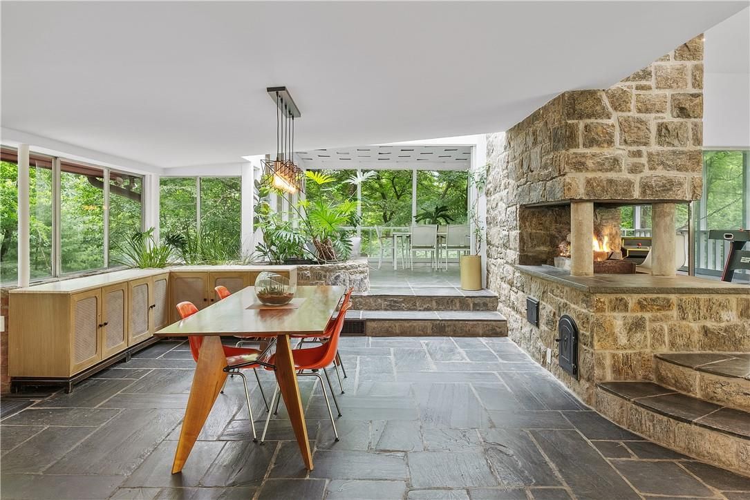 Dining room, Fireplace, Interior, Pendant Lights, Stone Walls