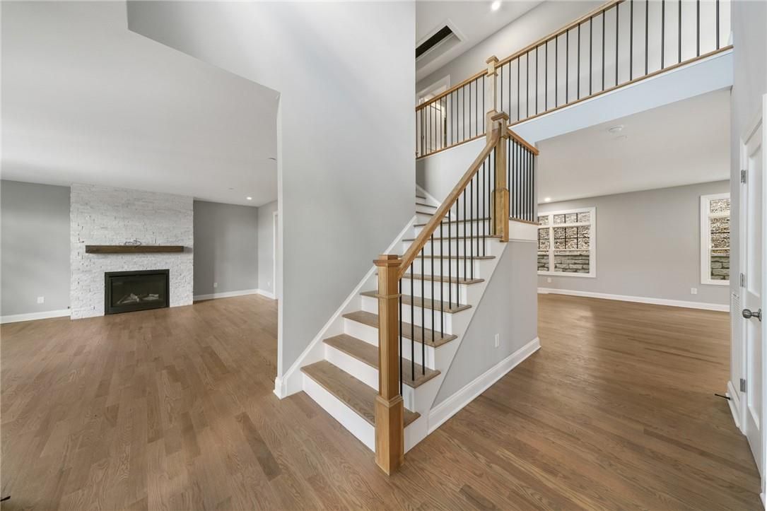 Fireplace, Interior, Recessed Lighting, Wood Texture Flooring