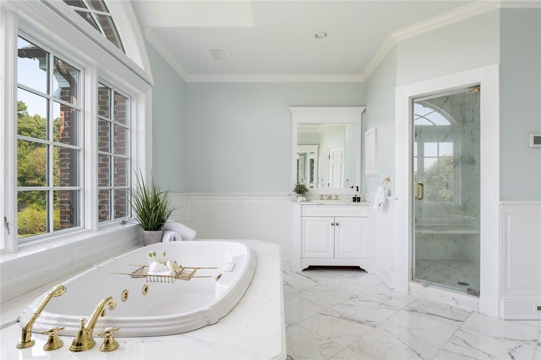 Bathroom, Glass Shower, Interior, Marble, Recessed Lighting