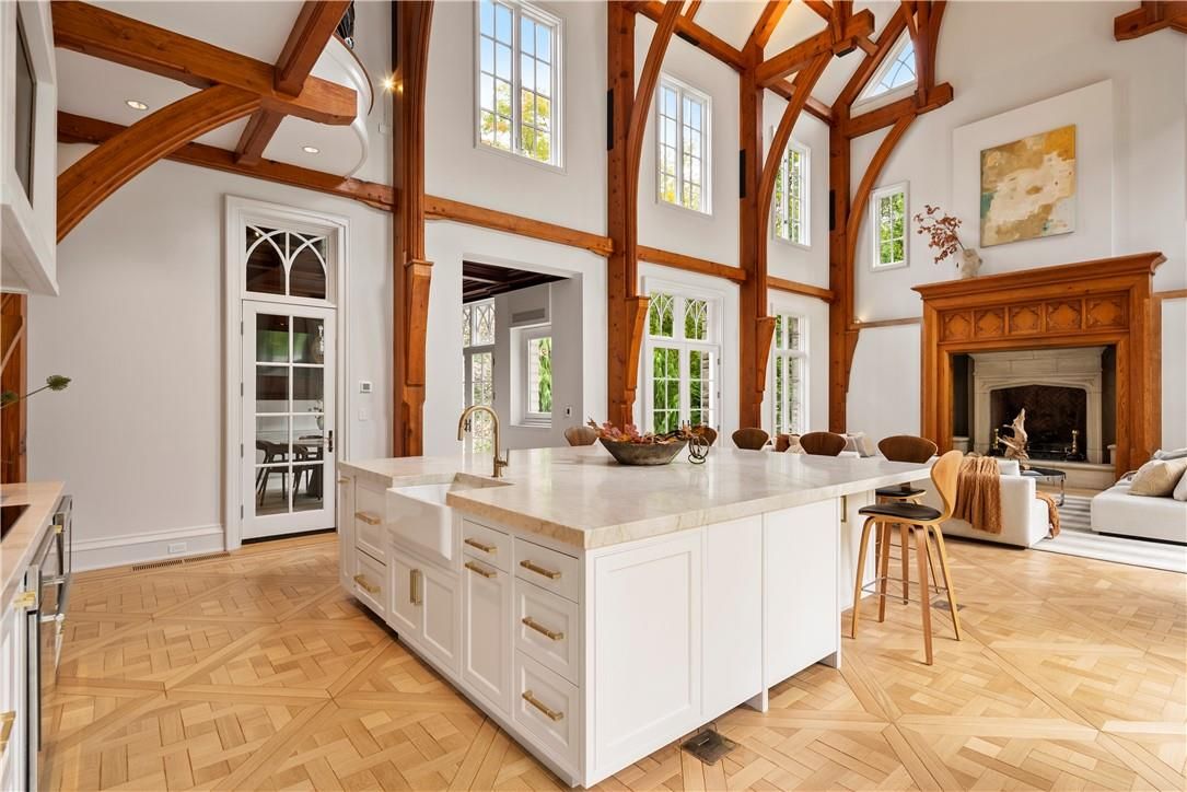 Fireplace, Interior, Kitchen, Living room, Recessed Lighting, Wooden Beams, Wood Texture Flooring