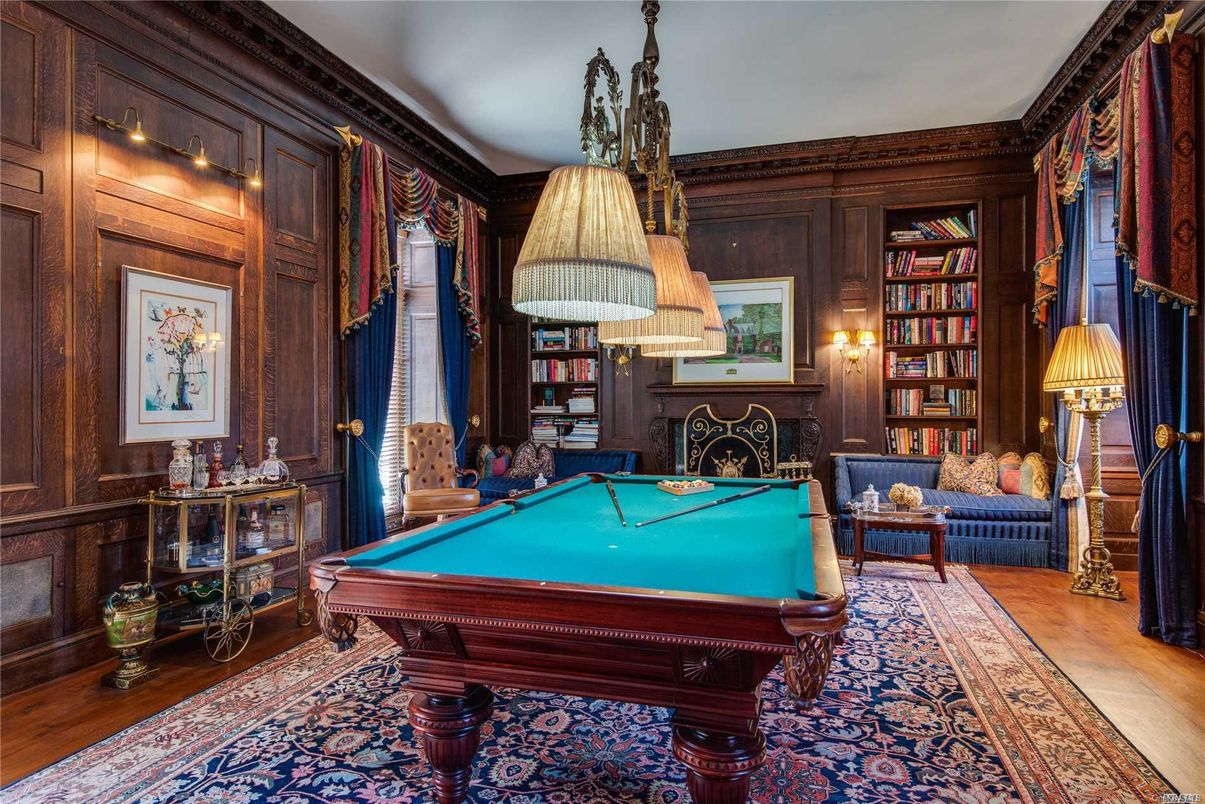 Billiard Table, Game Room, Interior, Pendant Lights, Wood Texture Flooring, Wooden Walls