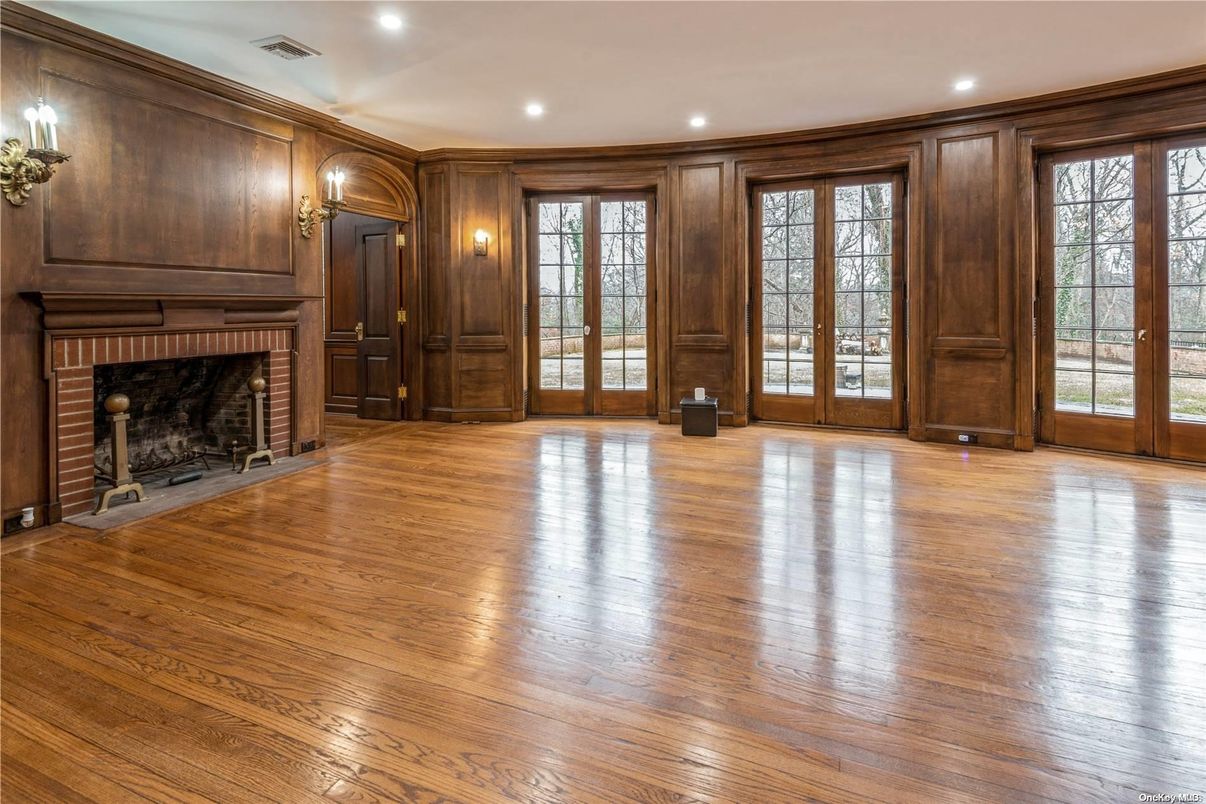 Empty room, Fireplace, Interior, Recessed Lighting, Wood Texture Flooring, Wooden Walls