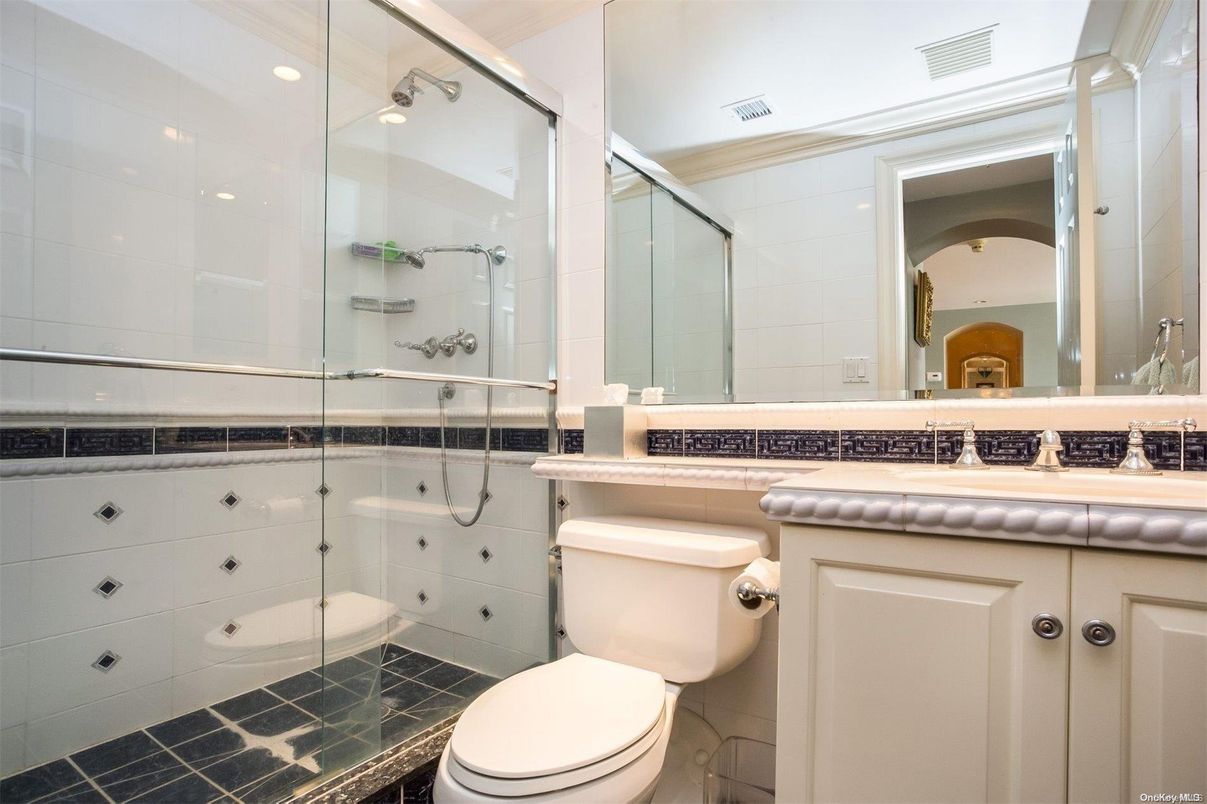 Bathroom, Glass Shower, Interior, Recessed Lighting, Tile Countertops