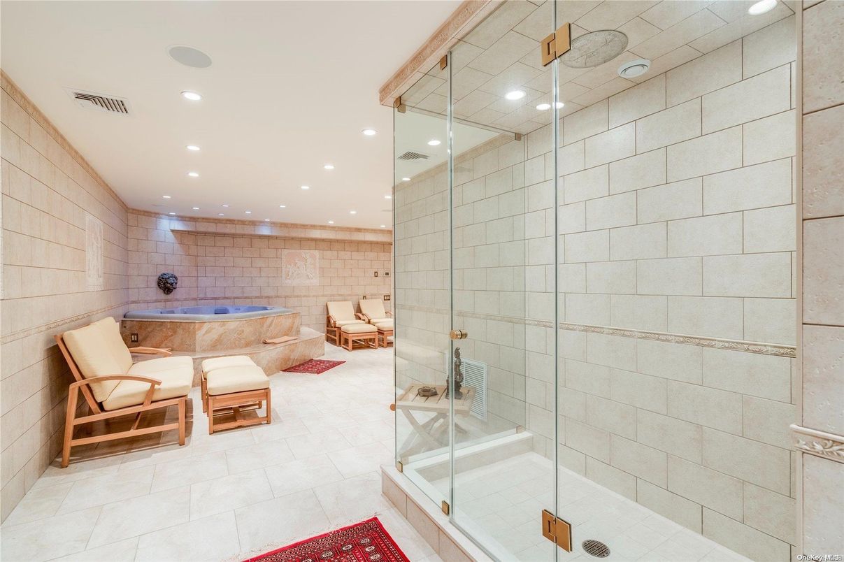 Bathroom, Glass Shower, Interior, Recessed Lighting, Stone Walls