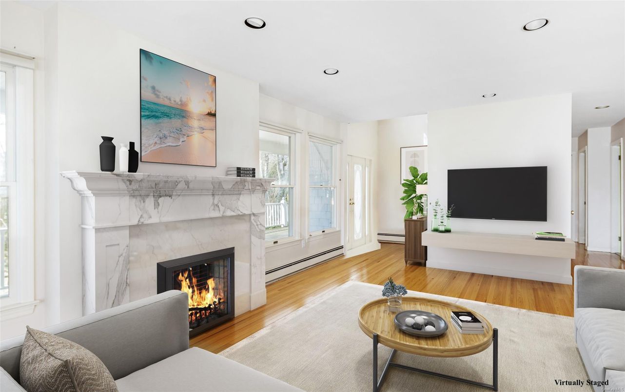 Fireplace, Interior, Living room, Marble Walls, Recessed Lighting, Wood Texture Flooring