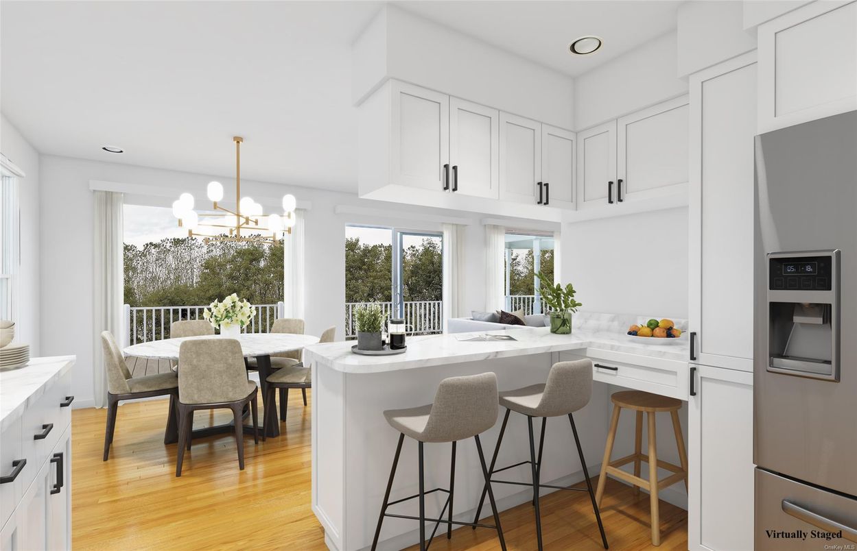 Dining room, Interior, Kitchen, Pendant Lights, Recessed Lighting, Wood Texture Flooring