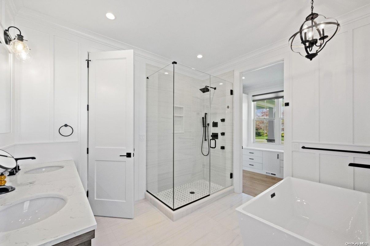 Bathroom, Dual Sink Vanities, Free Standing Baths, Glass Shower, Interior, Marble, Pendant Lights, Recessed Lighting