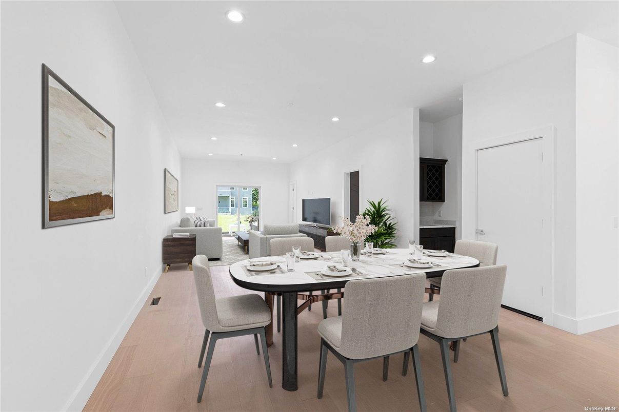 Dining room, Interior, Living room, Recessed Lighting, Wood Texture Flooring