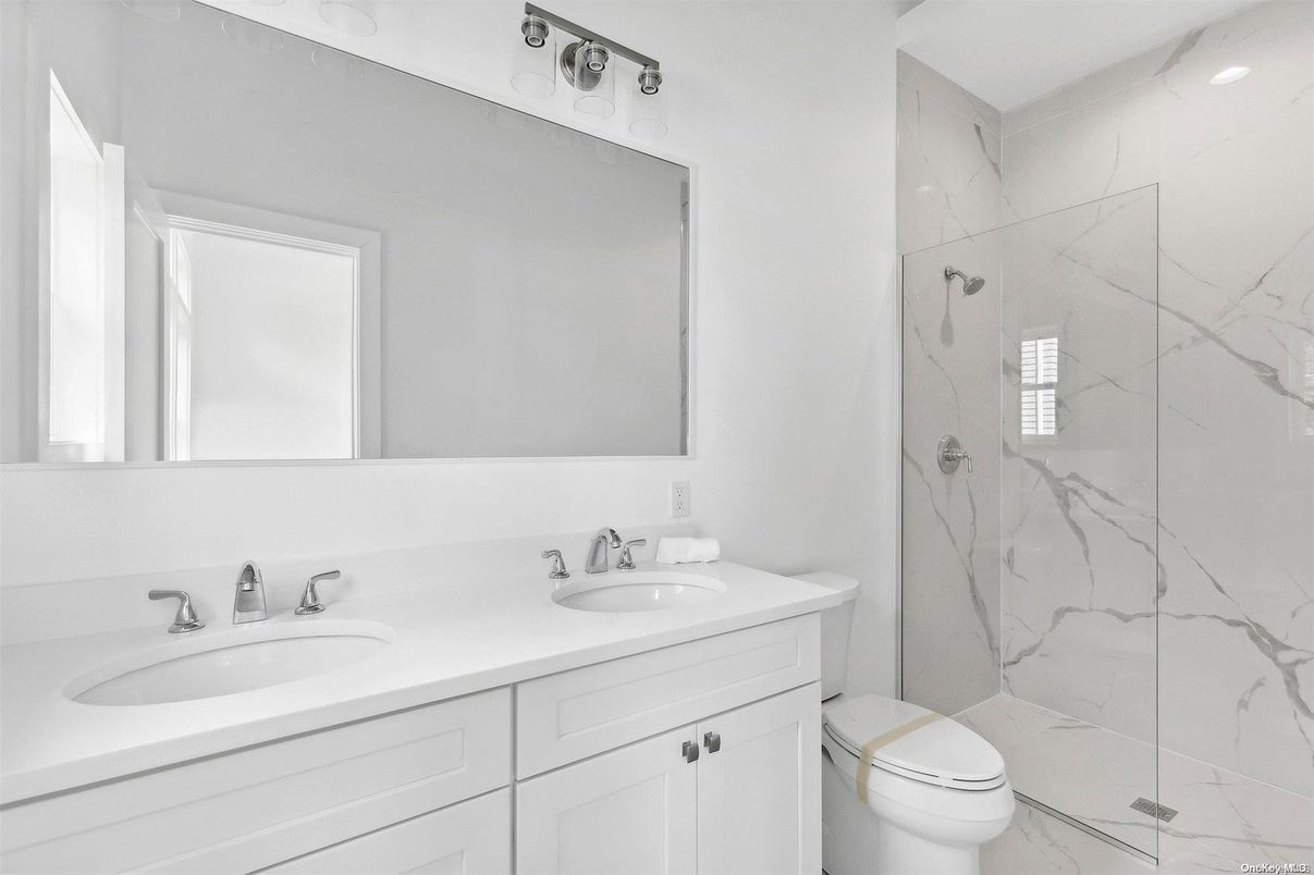 Bathroom, Dual Sink Vanities, Glass Shower, Interior, Marble Walls