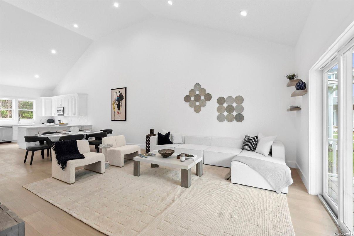 Dining room, Interior, Living room, Recessed Lighting, Wood Texture Flooring